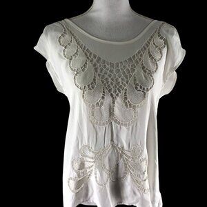 Ark & Co Ivory Lace Front Blouse Top Deep V Open Back Size S Romantic Boho